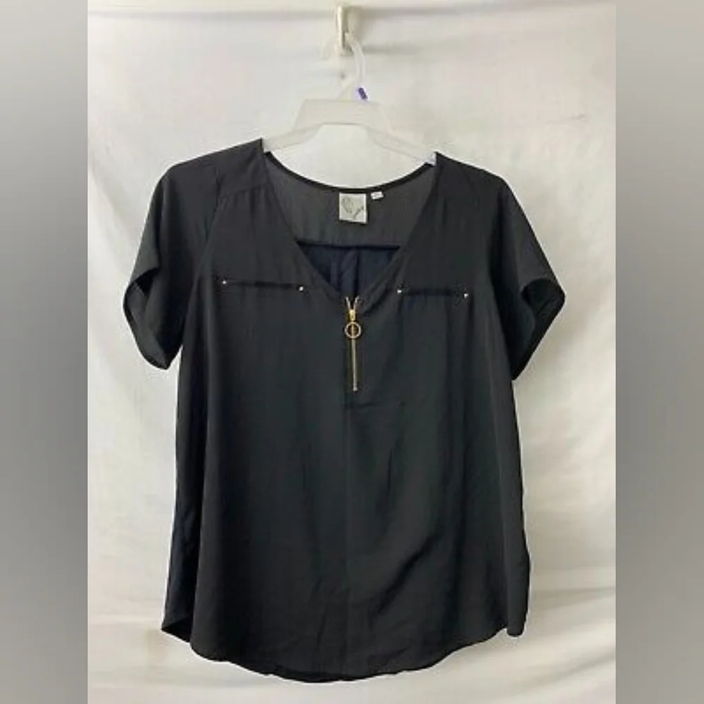 Janet Chung Womens Tunic Top Black Short Sleeve V-Neck 1/4 Zip Size 2x - Picture 1 of 3